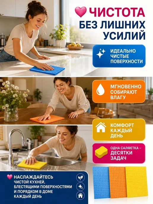 Ain 1 Губчатые салфетки для уборки набор 3 шт, 3 шт, фото 2