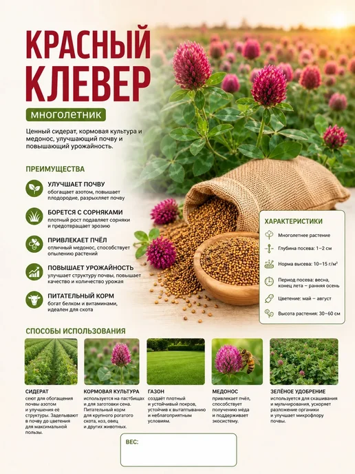 AGRO SEMENA Красный клевер семена сидерат газон 1кг, 1 кг, фото 2