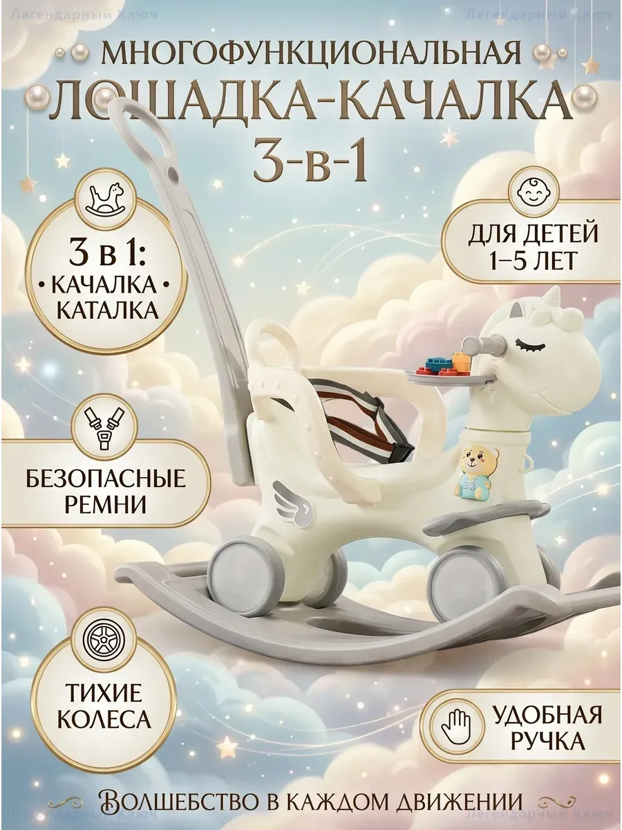 Лошадка-качалка 3в1 детская каталка беговел Единорог