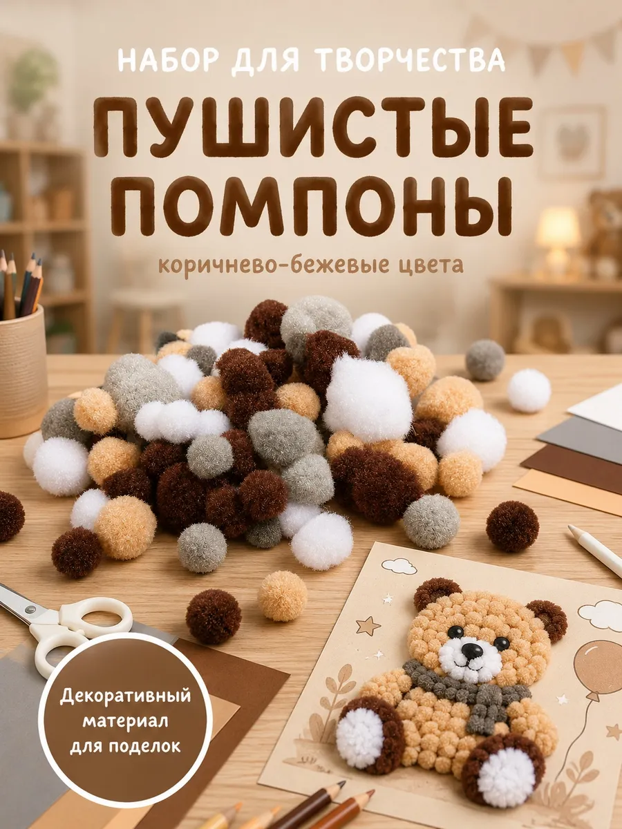 Пушистые помпоны "Коричнево-бежевые цвета" 80 шт
