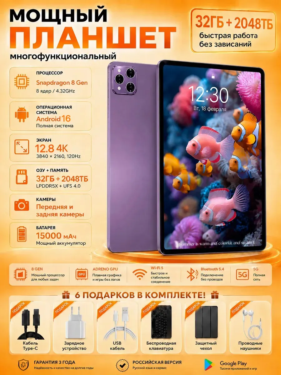 Планшет 12.8‘’ андроид 32ГБ+2048ГБ для учебы и работы