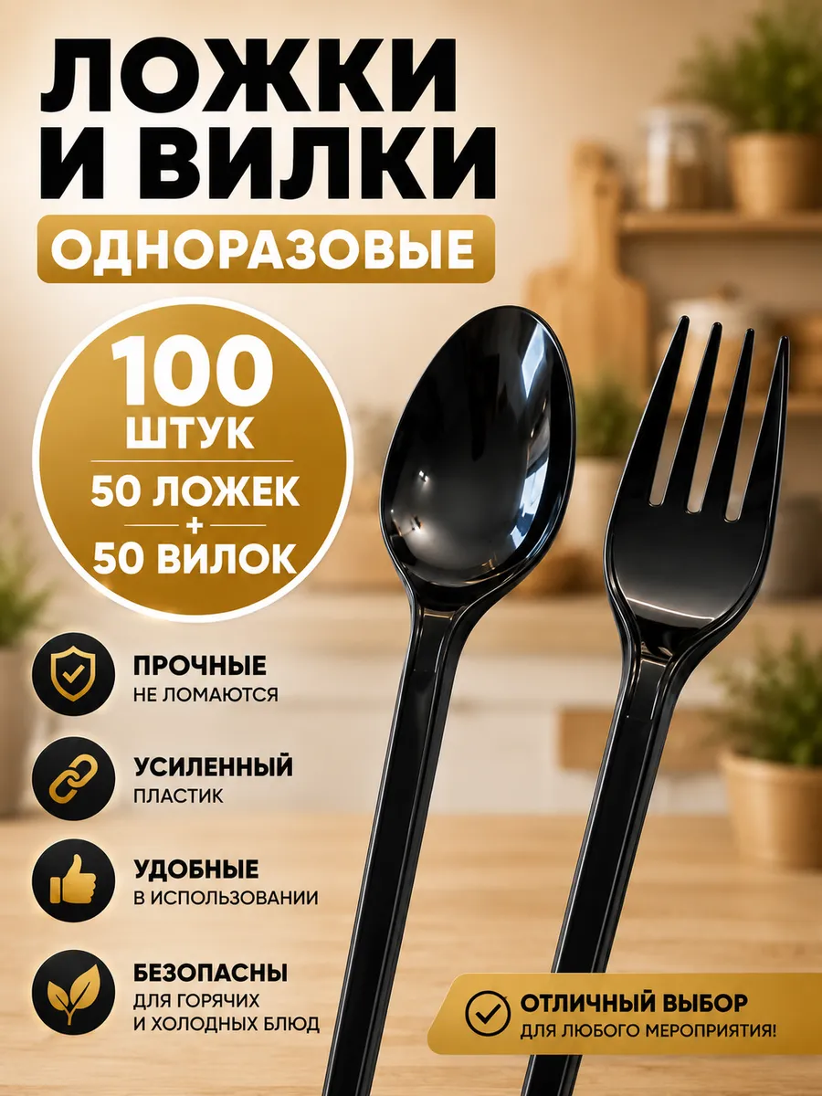Ложки и вилки одноразовые, пластиковые черные 100 штук