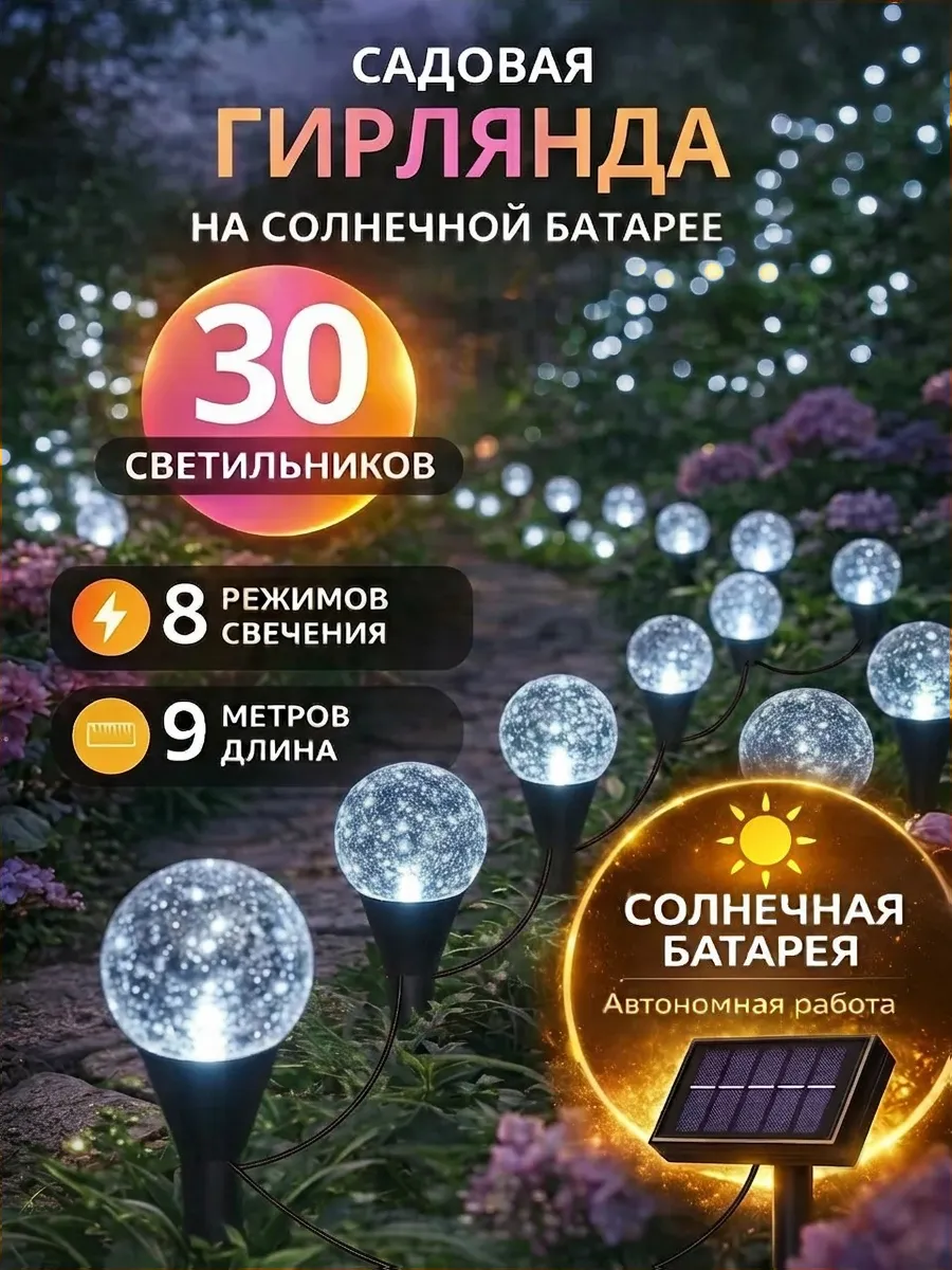 Гирлянда уличная садовая на солнечной батарее