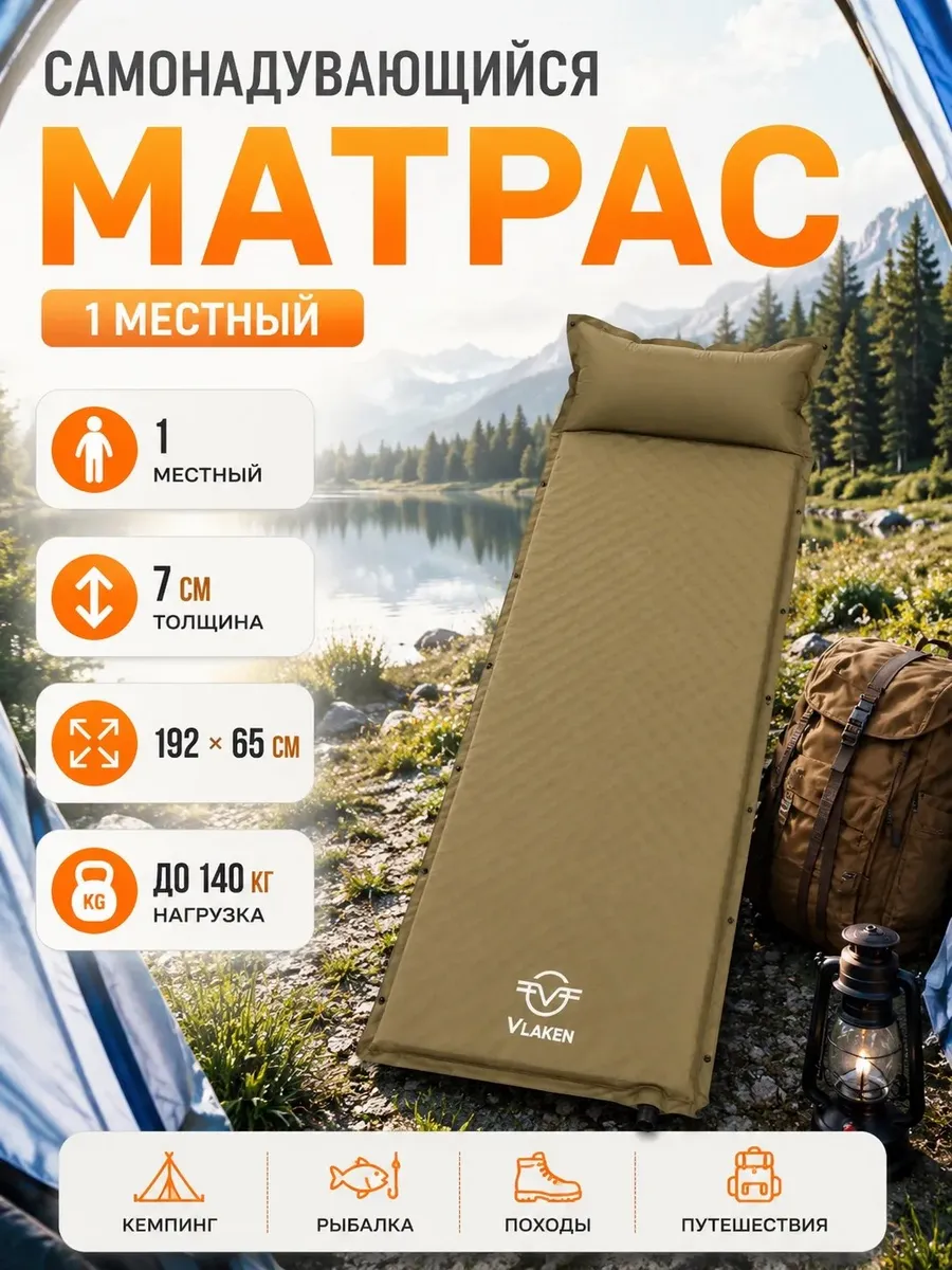 Самонадувающийся матрас одноместный с подушкой YT-005А
