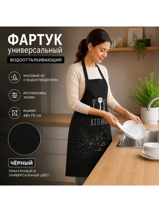 Черный цвет фартук кухонный универсальный 68x75 полиэстер, 68x75, фото 4