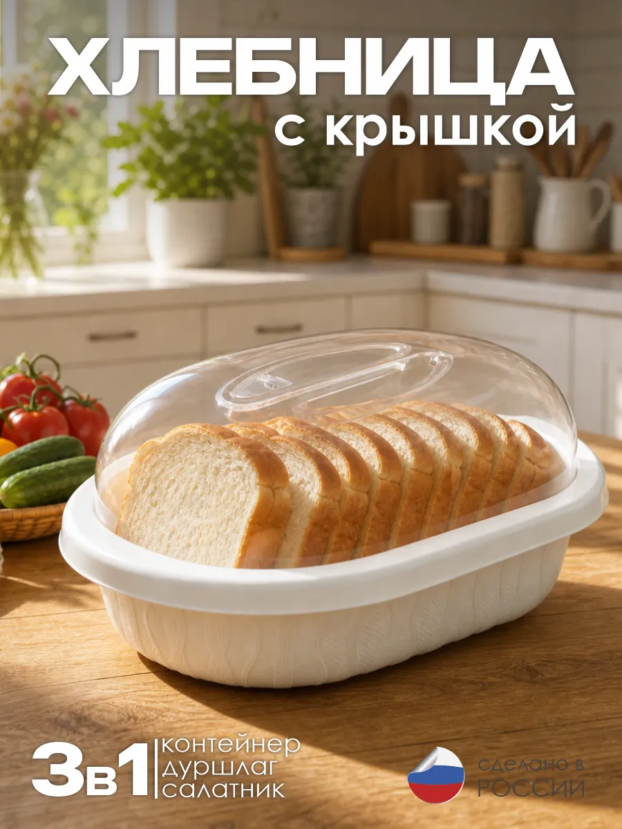 Хлебница "Умница" цвет Белый, модель 3 в 1, 30*21*13 см