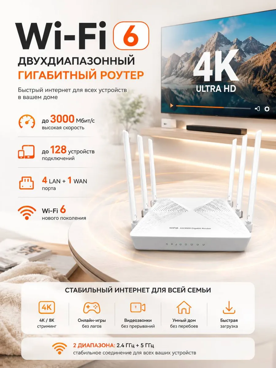 Роутер Wi-Fi 6 двухдиапазонный гигабитный AX3000