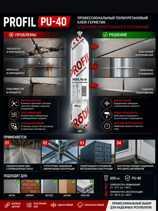 Soudal Клей-герметик PROFIL PU-40 для ремонтных работ белый 1шт, 1 шт, белый, фото 2