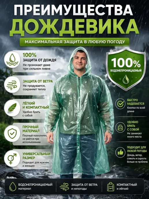 Мели Дождевик плащ водонепроницаемый защита от дождя и ветра, зеленый, фото 2