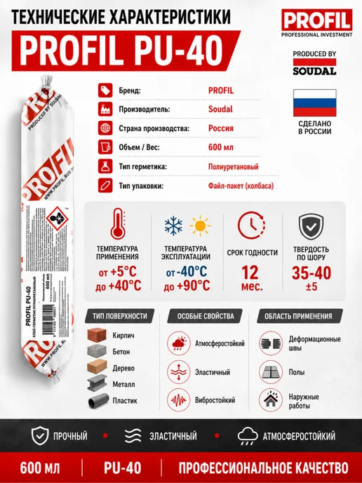 Soudal Клей-герметик PROFIL PU-40 для ремонтных работ белый 1шт, 3 шт, серый, фото 5