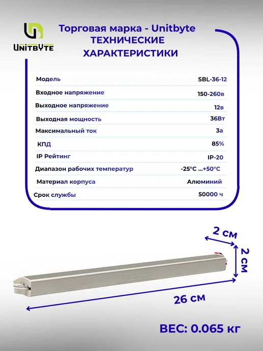 Unitbyte Блок питания SLB 12V 36W 3.0A IP20 тонкий, 36 Вт, фото 2