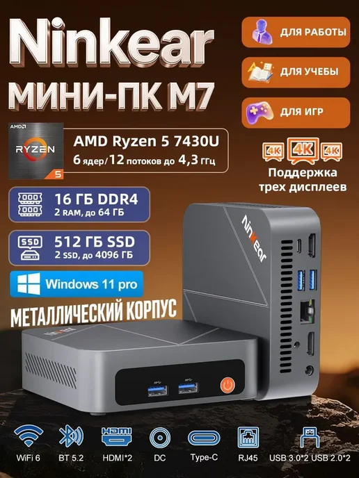 Ninkear Мини ПК M7 Ryzen 5 7430U RAM 16 ГБ SSD 512 ГБ Wi-Fi 6 BT5.2, 16 ГБ, 512 ГБ