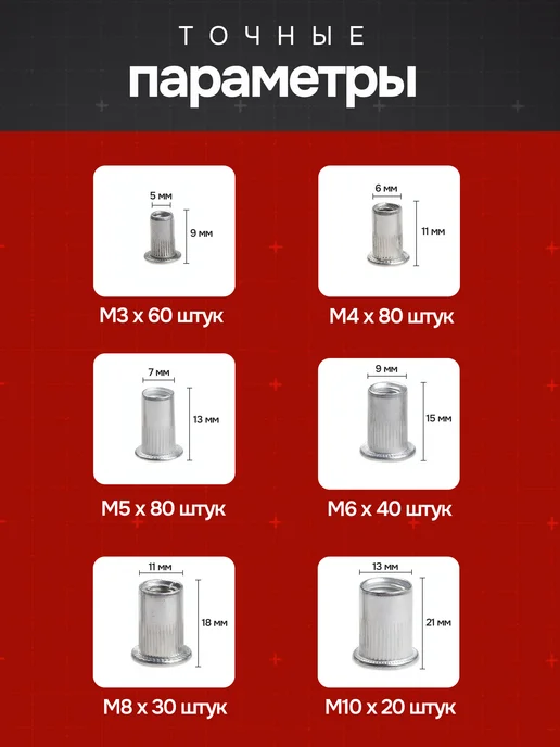xPro Набор заклепок резьбовых, М3-М10, 200шт, бел. цинк, 310 шт, фото 3