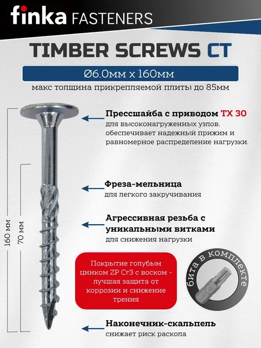 FINKA Шурупы конструкционные Timber Screws TX30, 6,0x100 мм, 100шт, 6.0x160 мм, 100 шт, фото 2