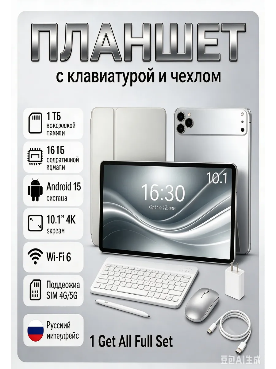 Планшет 10,1 дюйма 16GB 1TB Android 15 IPSДля учебы и работы