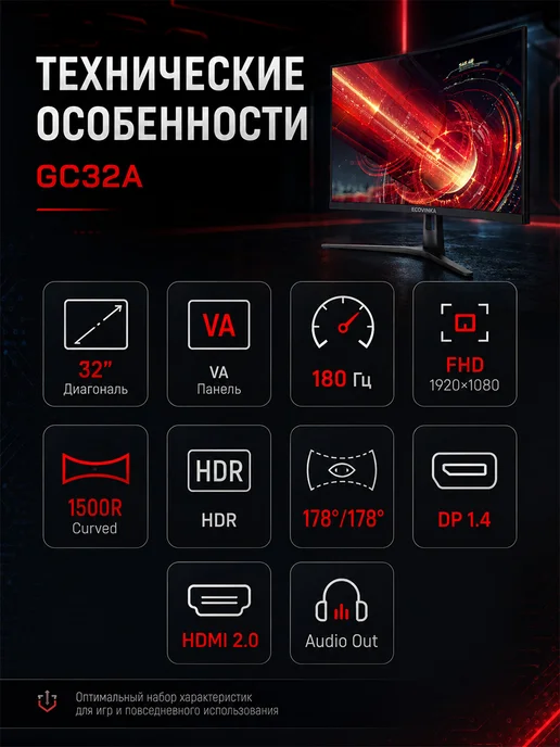 Ecovinka 32" GC32A 180Hz Черный Изогнутый VA монитор, черный, фото 7