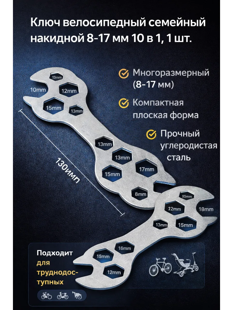 Ключ велосипедный семейный накидной 8-17 мм 10 в 1, 2 шт