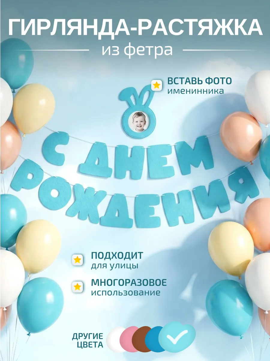 Гирлянда С Днем Рождения голубая, фотозона для праздника