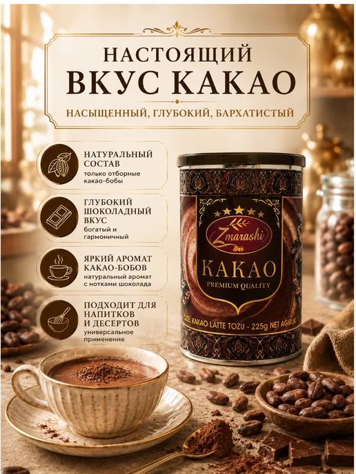Натуральное какао Zmarashi 225 г для напитков, 225 г, фото 2