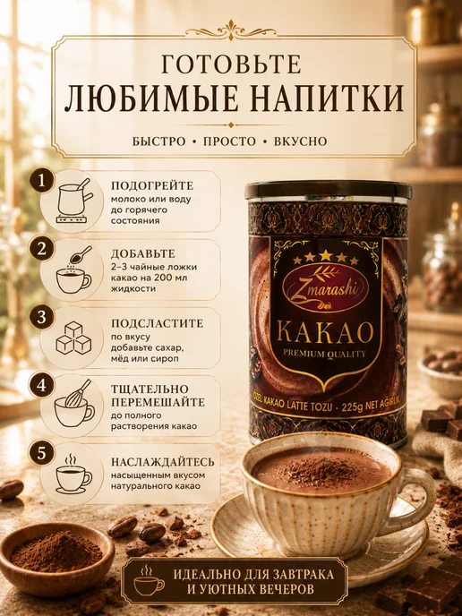 Натуральное какао Zmarashi 225 г для напитков, 225 г, фото 3