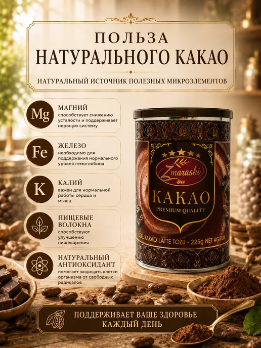 Натуральное какао Zmarashi 225 г для напитков, 225 г, фото 5
