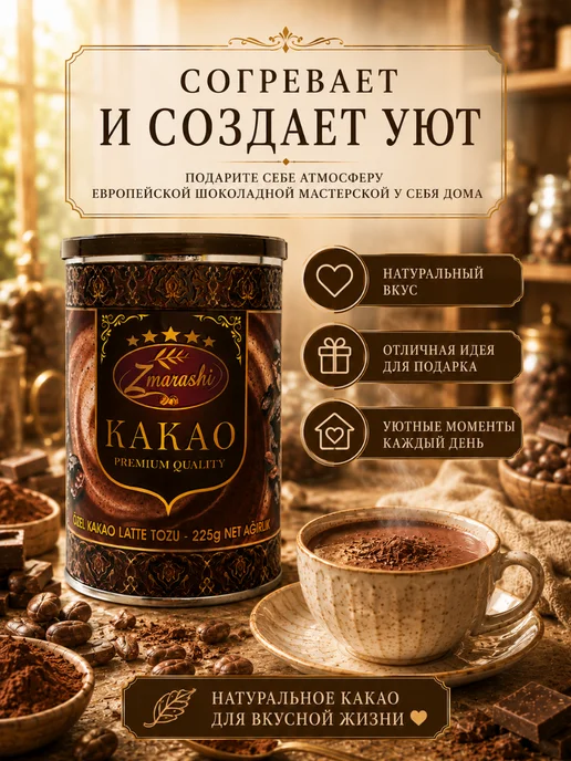 Натуральное какао Zmarashi 225 г для напитков, 225 г, фото 7