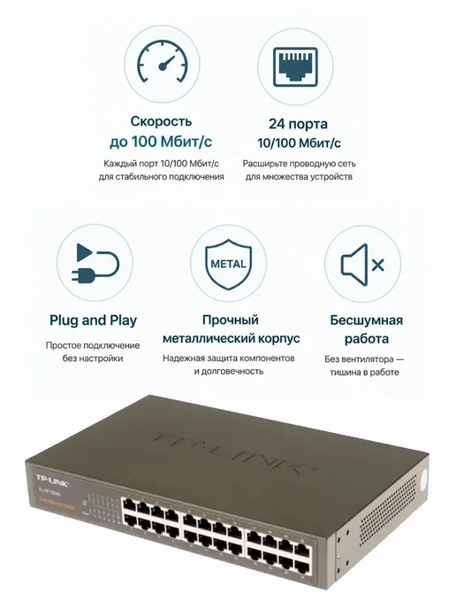 TP-link Коммутатор TL-SF1024D неуправляемый 24 порта 10 100Мбит с, вариант, фото 2