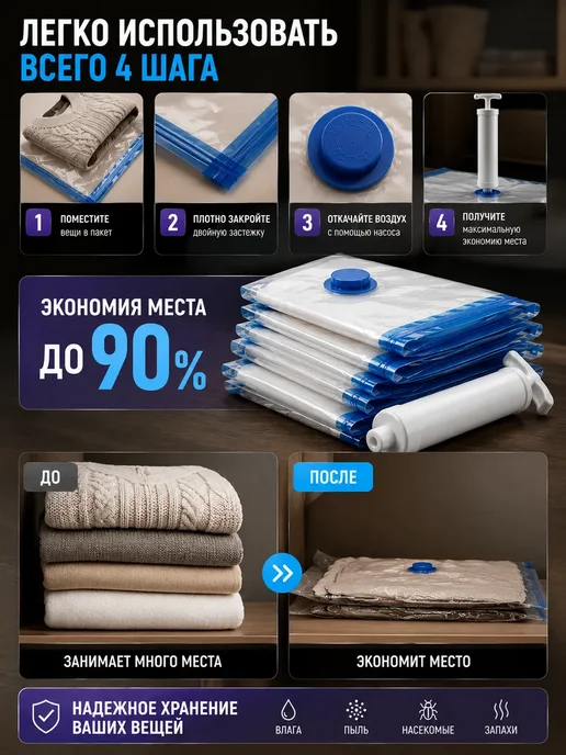 Luck83 Вакуумные пакеты для одежды и хранения вещей 5шт, 5 шт, фото 2