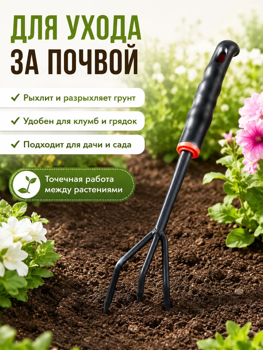Ручной рыхлитель почвы садовый 3 зубца, культиватор для сада