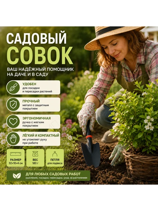 Лопатка садовая металлическая для посадки, садовый совок, черный, фото 2