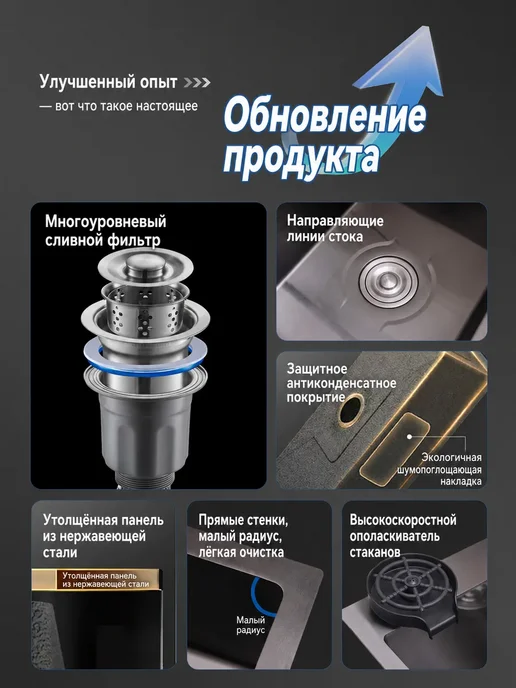 Мойка кухонная 55х45 см, сталь 304, со смесителем, 50x50 см, фото 3