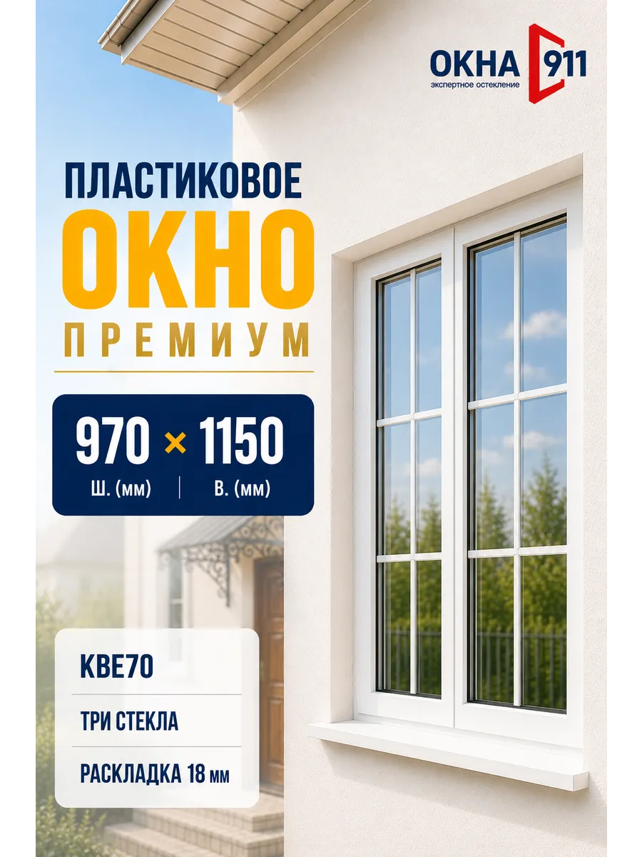 Окно пластиковое ш.970 в.1150мм КВЕ70 двухкамерное с сеткой
