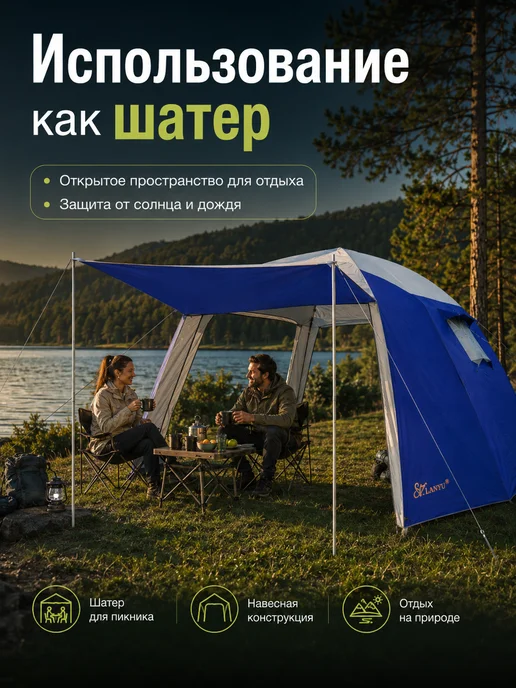 Палатка 5 местная туристическая с тамбуром для кемпинга, синий, фото 3
