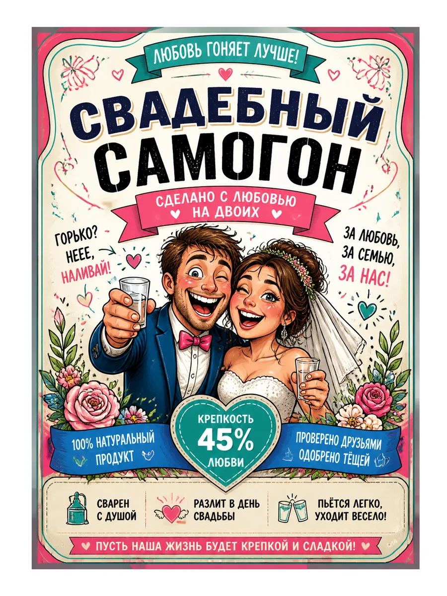 Самоклеящаяся этикетка на бутылку свадебного самогона
