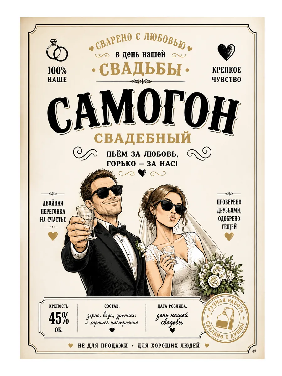 Самоклеящаяся этикетка на бутылку свадебного самогона