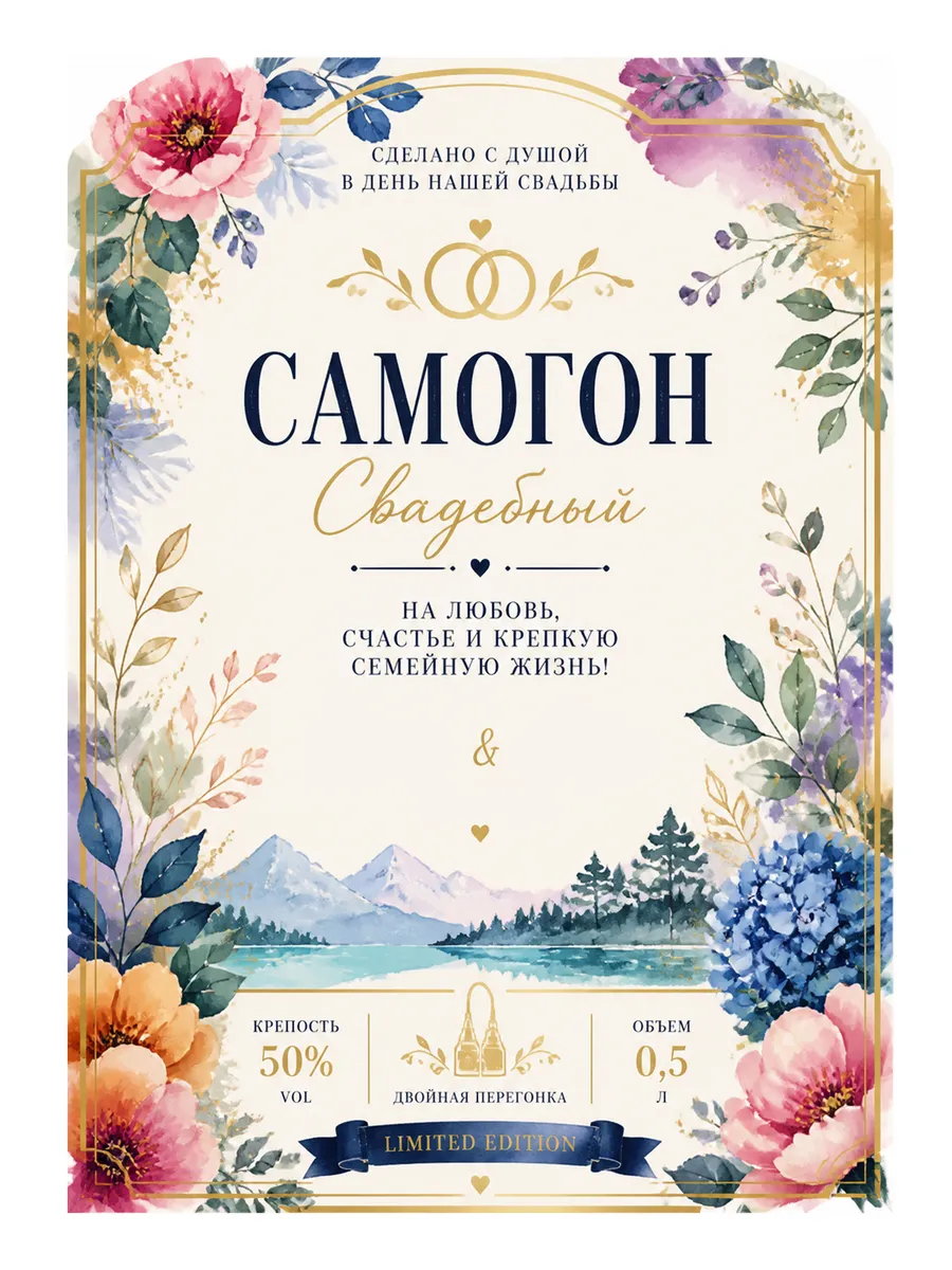 Самоклеящаяся этикетка на бутылку свадебного самогона