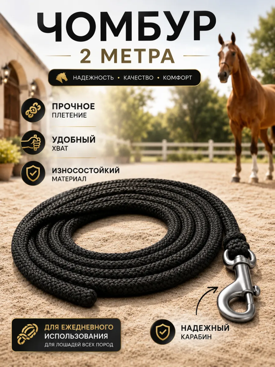 Чумбур для лошади 2 м с карабином поводок