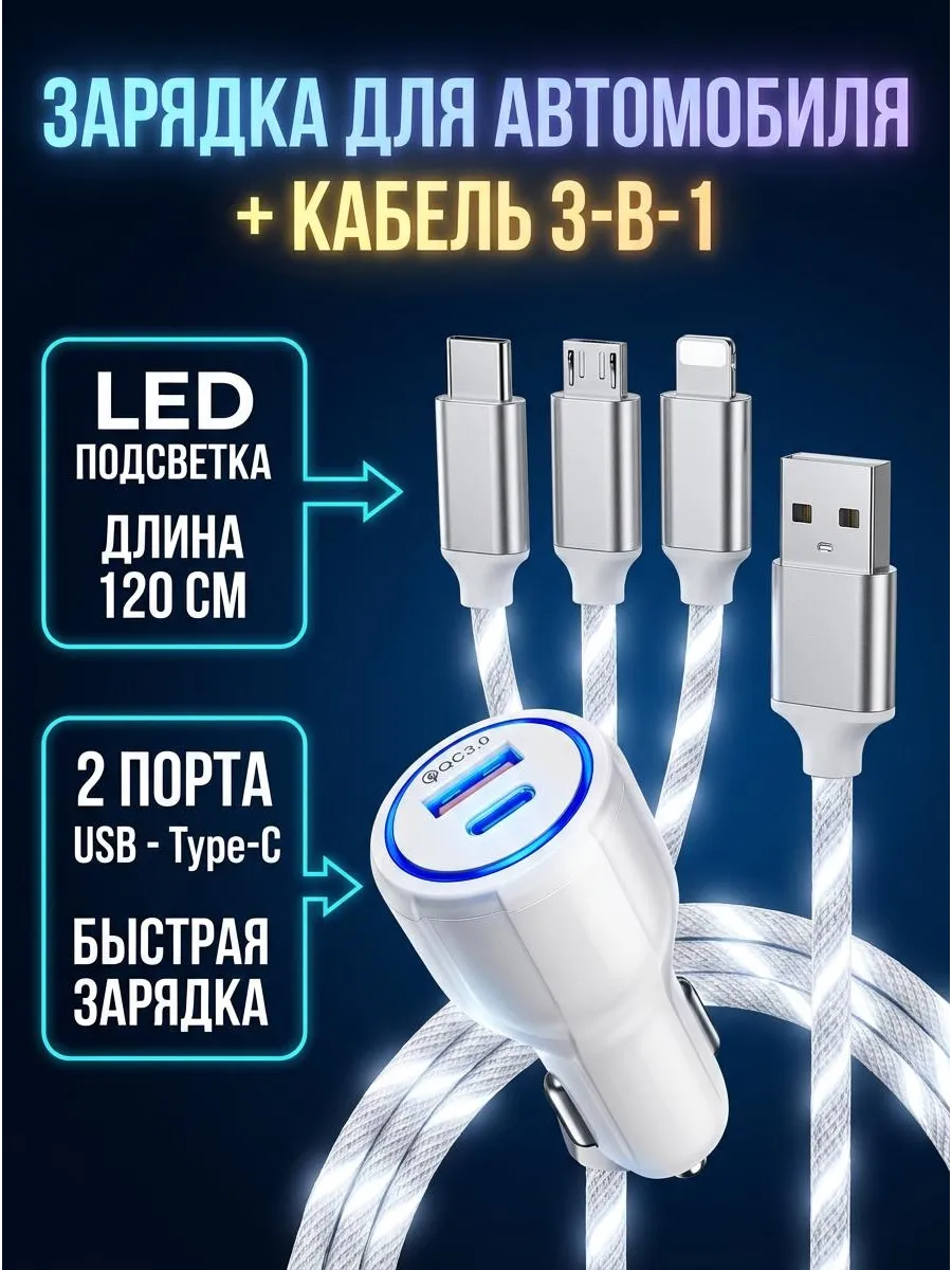 Автомобильная быстрая зарядка в прикуриватель с кабелем