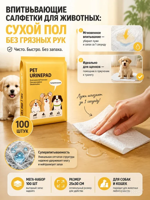 Впитывающие салфетки для животных, 25х30 см 100 шт - пеленки, 25x30 см, 100 шт