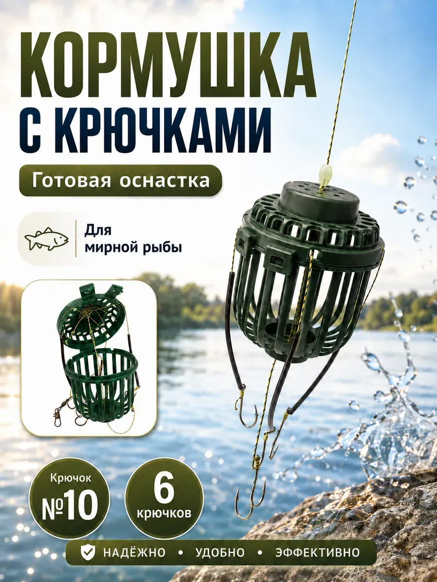 Кормушка для рыбалки с 6 крючками №10, готовая донная