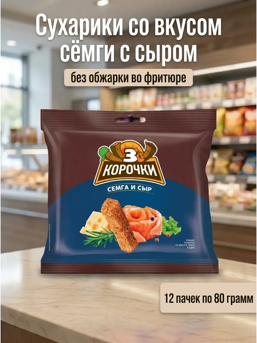 Сухарики со вкусом сёмги с сыром, 12 пачек по 80 грамм