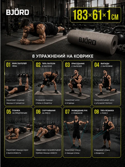 BJORD Коврик спортивный для йоги и фитнеса (0.8см), черный, фото 4