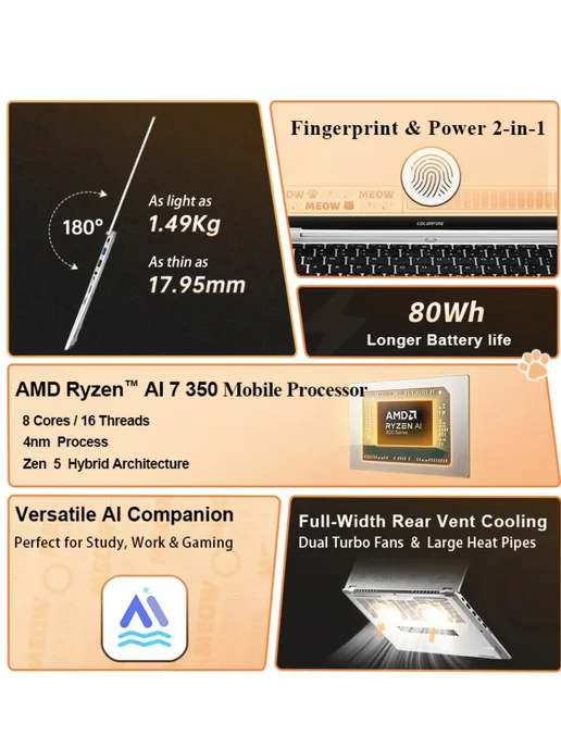 Ноутбук Ryzen AI 7 32 1TB 14" 2.8K тонкий серебро, 1 ТБ, фото 2