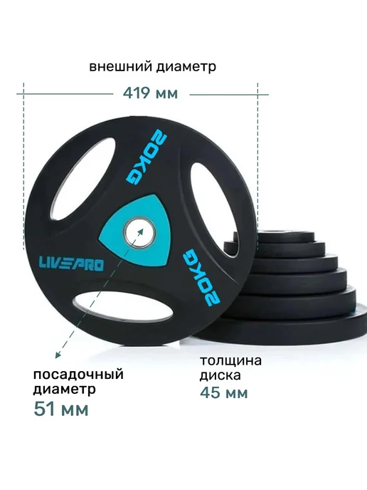 LIVEPRO Блин для штанги 15 кг диск обрезиненный, 20 кг, фото 2