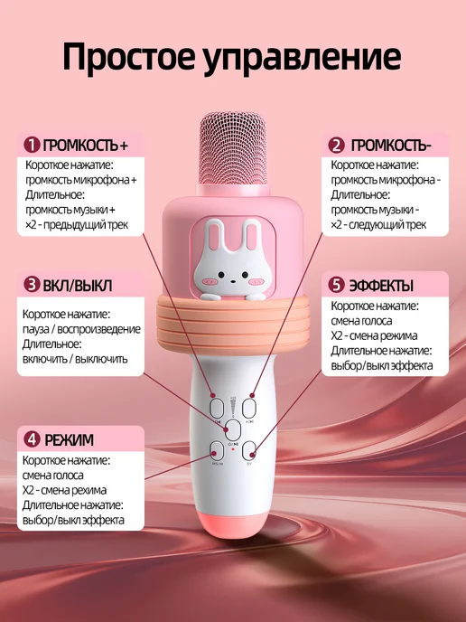 Микрофон-колонка Детский микрофон караоке беспроводной с Bluetooth для детей, розовый, фото 5