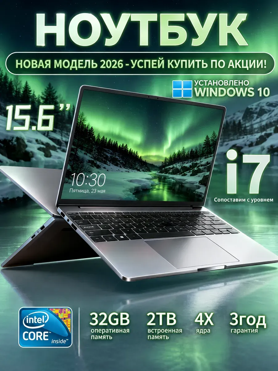 Ноутбук 32ГБ 2TБ Для Работы и Учебы Intel Windows 10 Pro