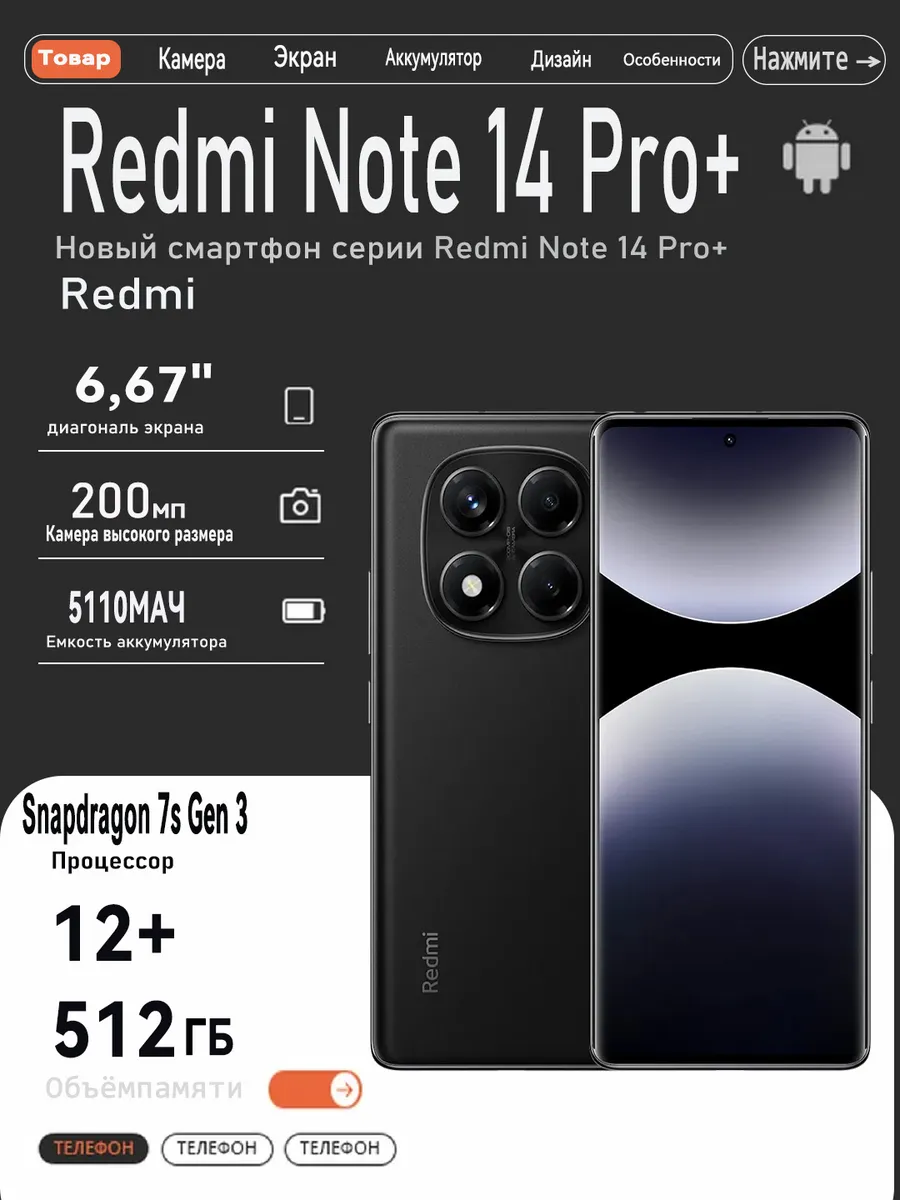 Xiaomi Смартфон Redmi Note 14 Pro+ 12 512ГБ,Черный