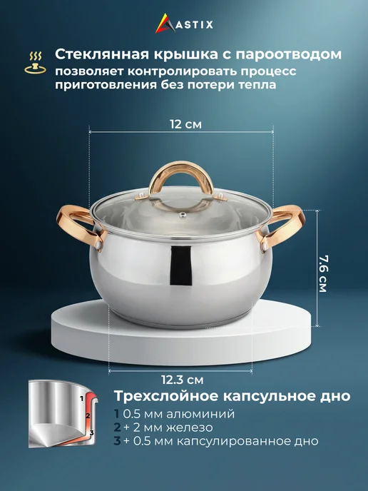 Astix Набор кастрюль с крышками из нержавеющей стали 3 шт, 0,76 л, фото 2