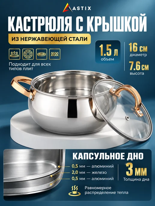 Astix Кастрюля с крышкой 1.5 л из нержавеющей стали для индукции, 1,5 л, фото 2