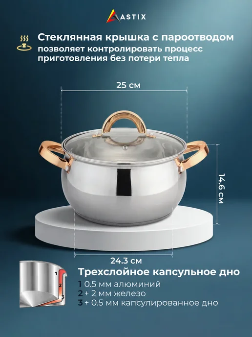 Astix Набор кастрюль с крышками из нержавеющей стали 3 шт, 7 л, фото 2